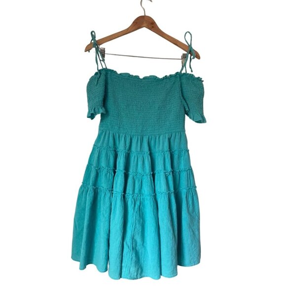 Free People 2021 Blue Off-Shoulder Ruffle Mini Dress Size M - Picture 5 of 6